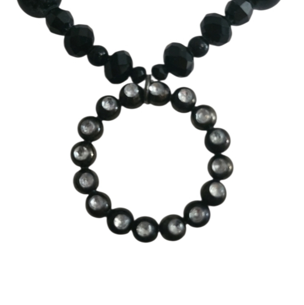 Black Beaded Necklace Rhinestone Pendant Circular